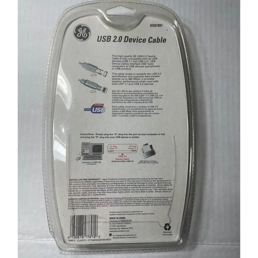 NEW GE USB 2.0 DEVICE CABLE 6 Ft Windows & Macintosh HO97891